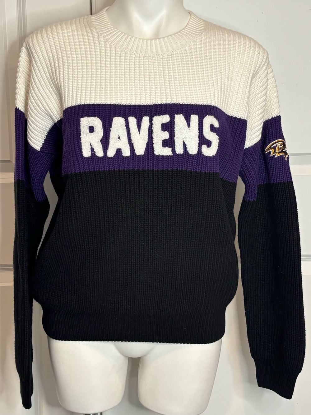 WEAR Erin Andrews Baltimore Ravens Color Block Sweater White Purple Black S